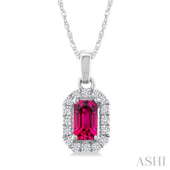 5x3 MM Octagonal Shape Pink Tourmaline and 1/20 Ctw Round Cut Diamond Halo Semi-Precious Pendant with Chain in 14K White Gold