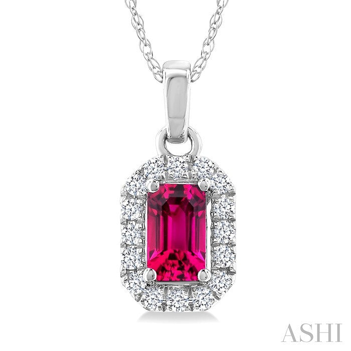 5x3 MM Octagonal Shape Pink Tourmaline and 1/20 Ctw Round Cut Diamond Halo Semi-Precious Pendant with Chain in 14K White Gold