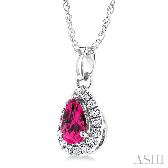 5x3 MM Pear Shape Pink Tourmaline and 1/20 Ctw Round Cut Diamond Halo Semi-Precious Pendant with Chain in 14K White Gold