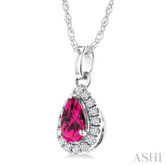 5x3 MM Pear Shape Pink Tourmaline and 1/20 Ctw Round Cut Diamond Halo Semi-Precious Pendant with Chain in 14K White Gold