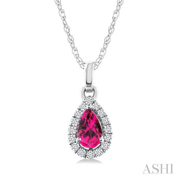 5x3 MM Pear Shape Pink Tourmaline and 1/20 Ctw Round Cut Diamond Halo Semi-Precious Pendant with Chain in 14K White Gold