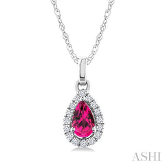 5x3 MM Pear Shape Pink Tourmaline and 1/20 Ctw Round Cut Diamond Halo Semi-Precious Pendant with Chain in 14K White Gold