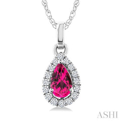 5x3 MM Pear Shape Pink Tourmaline and 1/20 Ctw Round Cut Diamond Halo Semi-Precious Pendant with Chain in 14K White Gold