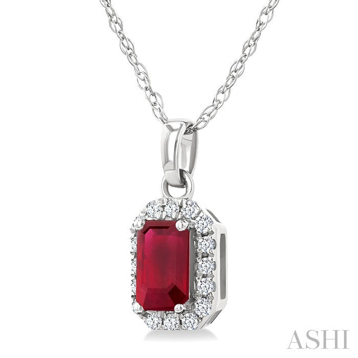 5x3 MM Octagonal Shape Ruby and 1/20 Ctw Round Cut Diamond Halo Precious Pendant with Chain in 14K White Gold