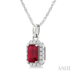 5x3 MM Octagonal Shape Ruby and 1/20 Ctw Round Cut Diamond Halo Precious Pendant with Chain in 14K White Gold