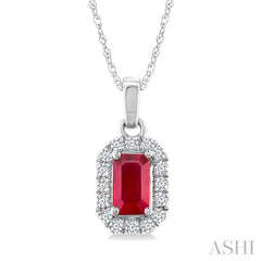 5x3 MM Octagonal Shape Ruby and 1/20 Ctw Round Cut Diamond Halo Precious Pendant with Chain in 14K White Gold