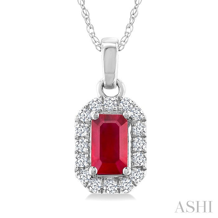 5x3 MM Octagonal Shape Ruby and 1/20 Ctw Round Cut Diamond Halo Precious Pendant with Chain in 14K White Gold