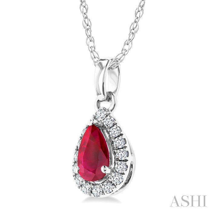 5x3 MM Pear Shape Ruby and 1/20 Ctw Round Cut Diamond Halo Precious Pendant with Chain in 14K White Gold