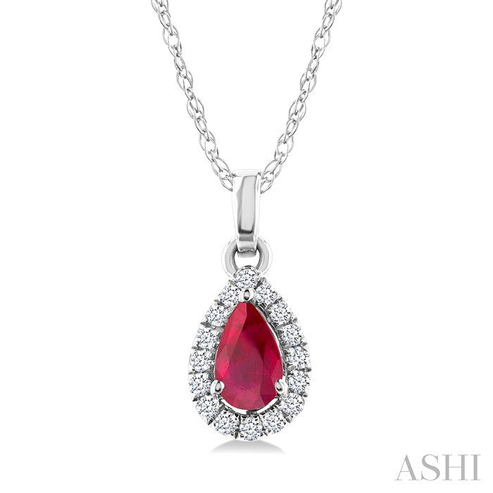 5x3 MM Pear Shape Ruby and 1/20 Ctw Round Cut Diamond Halo Precious Pendant with Chain in 14K White Gold