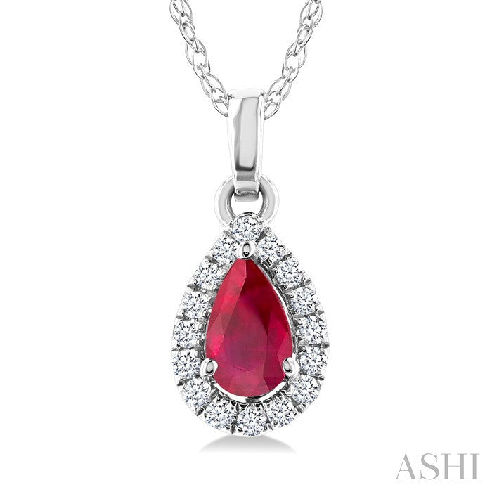5x3 MM Pear Shape Ruby and 1/20 Ctw Round Cut Diamond Halo Precious Pendant with Chain in 14K White Gold