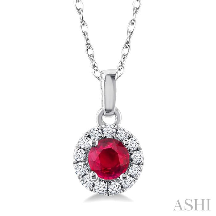 3.25 MM Round Ruby and 1/20 Ctw Round Cut Diamond Halo Precious Pendant with Chain in 14K White Gold