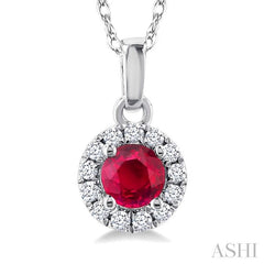 3.25 MM Round Ruby and 1/20 Ctw Round Cut Diamond Halo Precious Pendant with Chain in 14K White Gold
