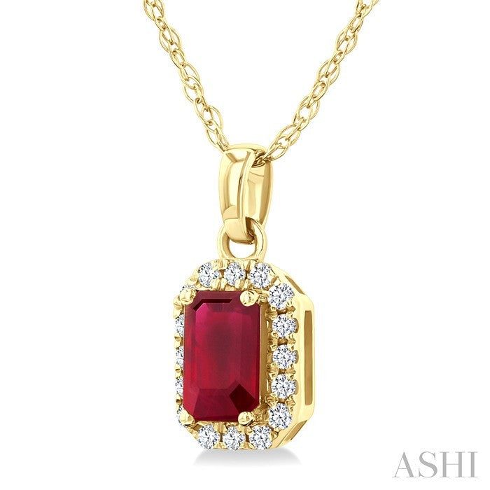5x3 MM Octagonal Shape Ruby and 1/20 Ctw Round Cut Diamond Halo Precious Pendant with Chain in 14K Yellow Gold