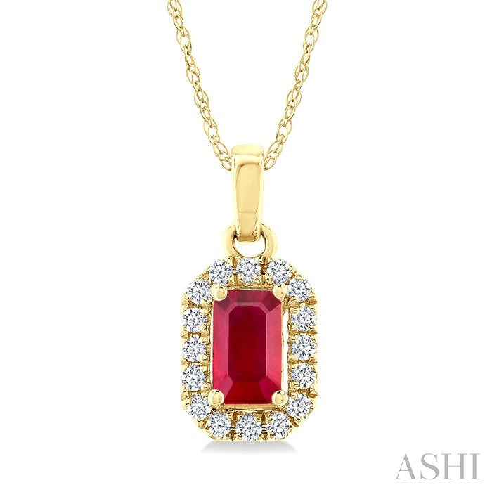 5x3 MM Octagonal Shape Ruby and 1/20 Ctw Round Cut Diamond Halo Precious Pendant with Chain in 14K Yellow Gold