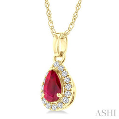 5x3 MM Pear Shape Ruby and 1/20 Ctw Round Cut Diamond Halo Precious Pendant with Chain in 14K Yellow Gold