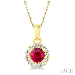 3.25 MM Round Ruby and 1/20 Ctw Round Cut Diamond Halo Precious Pendant with Chain in 14K Yellow Gold