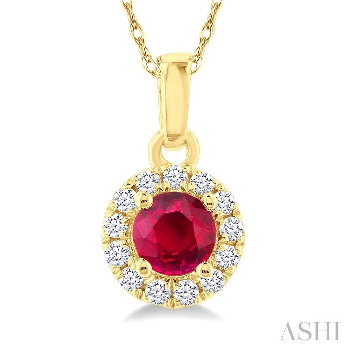 3.25 MM Round Ruby and 1/20 Ctw Round Cut Diamond Halo Precious Pendant with Chain in 14K Yellow Gold