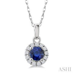 3.25 MM Round Sapphire and 1/20 Ctw Round Cut Diamond Halo Precious Pendant with Chain in 14K White Gold