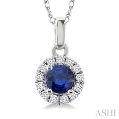 3.25 MM Round Sapphire and 1/20 Ctw Round Cut Diamond Halo Precious Pendant with Chain in 14K White Gold