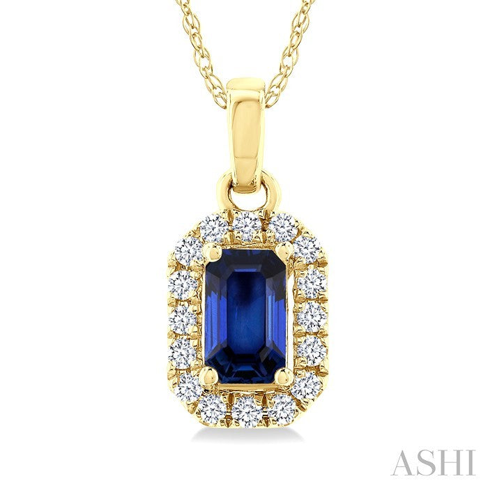 5x3 MM Octagonal Shape Sapphire and 1/20 Ctw Round Cut Diamond Halo Precious Pendant with Chain in 14K Yellow Gold