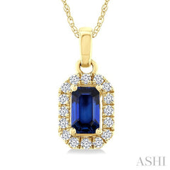 5x3 MM Octagonal Shape Sapphire and 1/20 Ctw Round Cut Diamond Halo Precious Pendant with Chain in 14K Yellow Gold