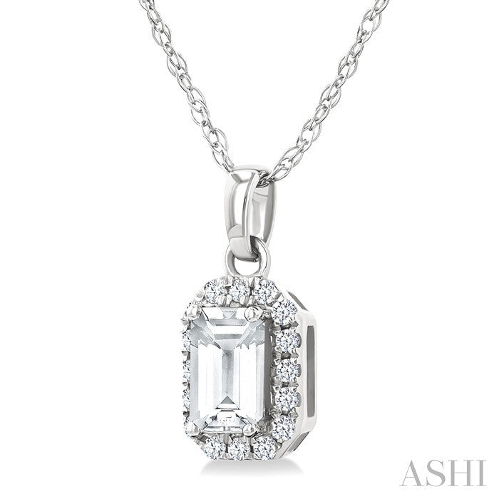 5x3 MM Octagonal Shape White Topaz and 1/20 Ctw Round Cut Diamond Halo Semi-Precious Pendant with Chain in 14K White Gold