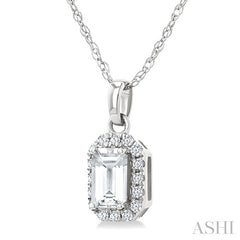 5x3 MM Octagonal Shape White Topaz and 1/20 Ctw Round Cut Diamond Halo Semi-Precious Pendant with Chain in 14K White Gold
