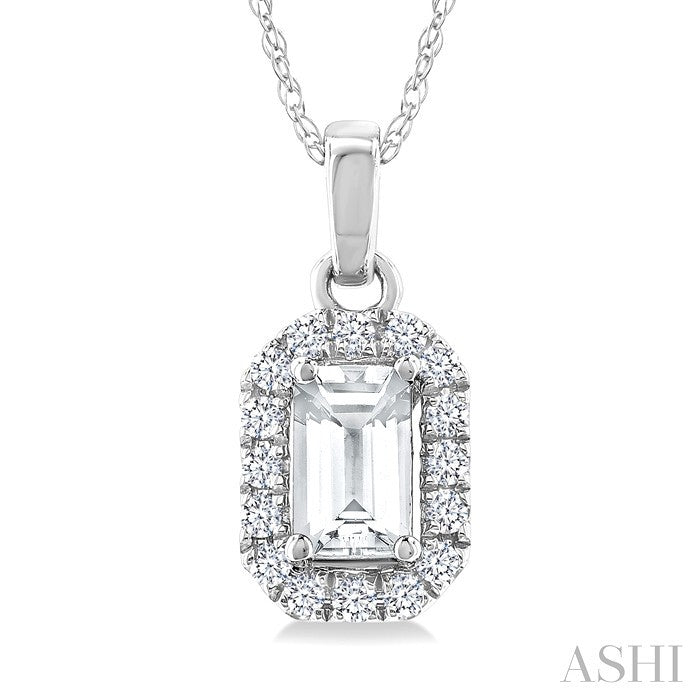5x3 MM Octagonal Shape White Topaz and 1/20 Ctw Round Cut Diamond Halo Semi-Precious Pendant with Chain in 14K White Gold