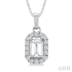 5x3 MM Octagonal Shape White Topaz and 1/20 Ctw Round Cut Diamond Halo Semi-Precious Pendant with Chain in 14K White Gold