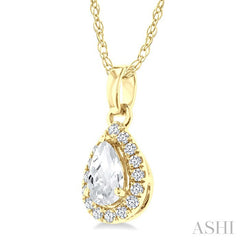 5x3 MM Pear Shape White Topaz and 1/20 Ctw Round Cut Diamond Halo Semi-Precious Pendant with Chain in 14K Yellow Gold