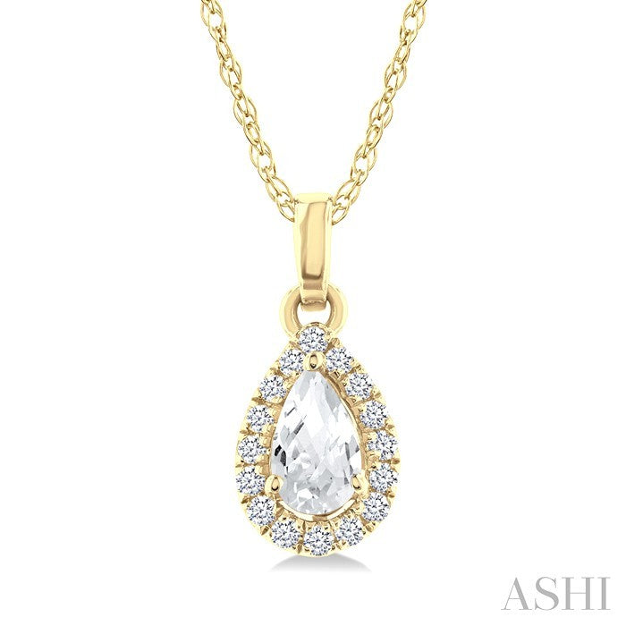5x3 MM Pear Shape White Topaz and 1/20 Ctw Round Cut Diamond Halo Semi-Precious Pendant with Chain in 14K Yellow Gold