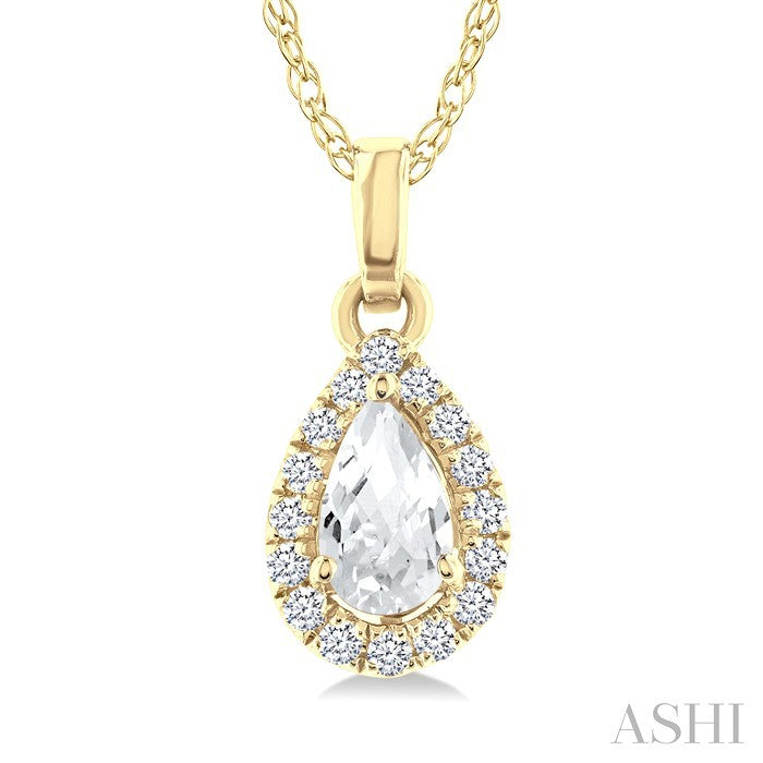 5x3 MM Pear Shape White Topaz and 1/20 Ctw Round Cut Diamond Halo Semi-Precious Pendant with Chain in 14K Yellow Gold