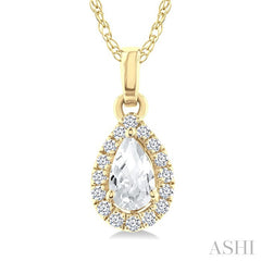 5x3 MM Pear Shape White Topaz and 1/20 Ctw Round Cut Diamond Halo Semi-Precious Pendant with Chain in 14K Yellow Gold