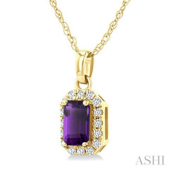 5x3 MM Octagonal Shape Amethyst and 1/20 Ctw Round Cut Diamond Halo Semi-Precious Pendant with Chain in 10K Yellow Gold