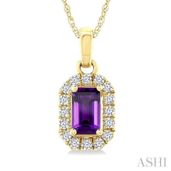 5x3 MM Octagonal Shape Amethyst and 1/20 Ctw Round Cut Diamond Halo Semi-Precious Pendant with Chain in 10K Yellow Gold