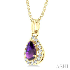 5x3 MM Pear Shape Amethyst and 1/20 Ctw Round Cut Diamond Halo Semi-Precious Pendant with Chain in 10K Yellow Gold