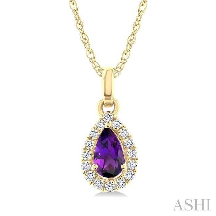 5x3 MM Pear Shape Amethyst and 1/20 Ctw Round Cut Diamond Halo Semi-Precious Pendant with Chain in 10K Yellow Gold