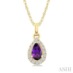 5x3 MM Pear Shape Amethyst and 1/20 Ctw Round Cut Diamond Halo Semi-Precious Pendant with Chain in 10K Yellow Gold