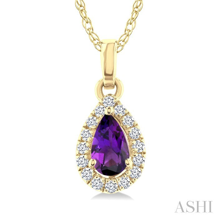5x3 MM Pear Shape Amethyst and 1/20 Ctw Round Cut Diamond Halo Semi-Precious Pendant with Chain in 10K Yellow Gold