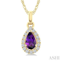 5x3 MM Pear Shape Amethyst and 1/20 Ctw Round Cut Diamond Halo Semi-Precious Pendant with Chain in 10K Yellow Gold