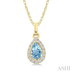 5x3 MM Pear Shape Aquamarine and 1/20 Ctw Round Cut Diamond Halo Semi-Precious Pendant with Chain in 10K Yellow Gold