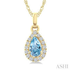 5x3 MM Pear Shape Aquamarine and 1/20 Ctw Round Cut Diamond Halo Semi-Precious Pendant with Chain in 10K Yellow Gold