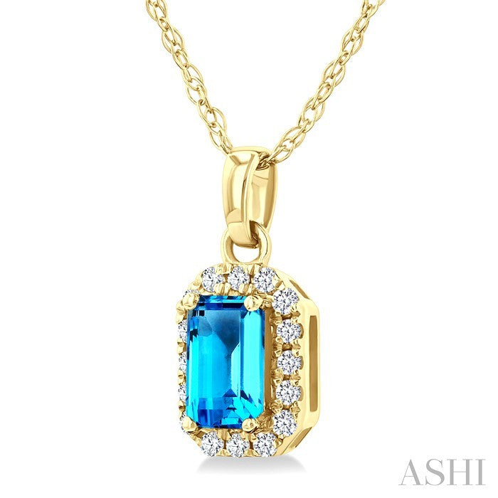 5x3 MM Octagonal Shape Blue Topaz and 1/20 Ctw Round Cut Diamond Halo Semi-Precious Pendant with Chain in 10K Yellow Gold
