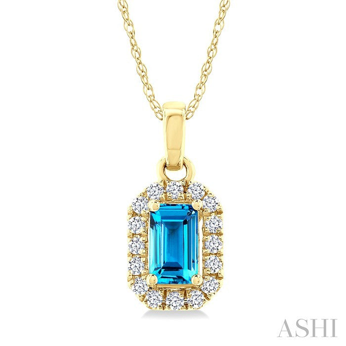 5x3 MM Octagonal Shape Blue Topaz and 1/20 Ctw Round Cut Diamond Halo Semi-Precious Pendant with Chain in 10K Yellow Gold