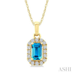 5x3 MM Octagonal Shape Blue Topaz and 1/20 Ctw Round Cut Diamond Halo Semi-Precious Pendant with Chain in 10K Yellow Gold