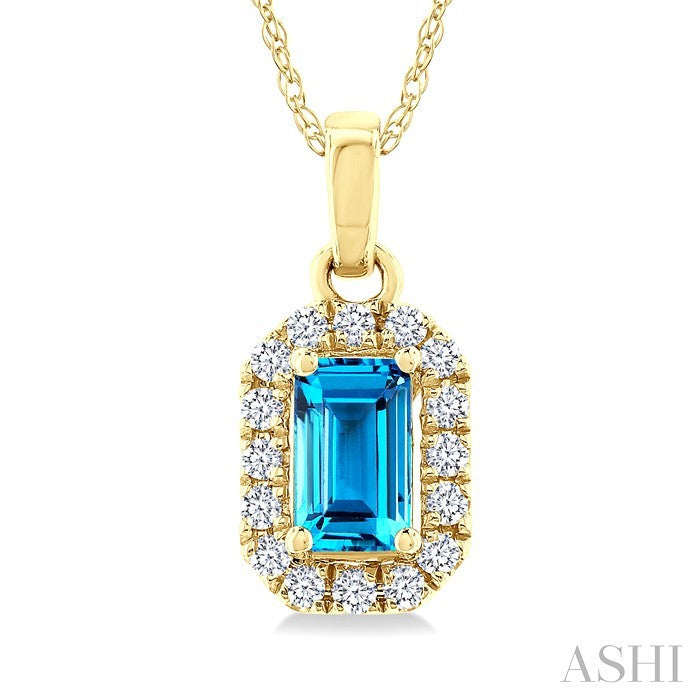 5x3 MM Octagonal Shape Blue Topaz and 1/20 Ctw Round Cut Diamond Halo Semi-Precious Pendant with Chain in 10K Yellow Gold