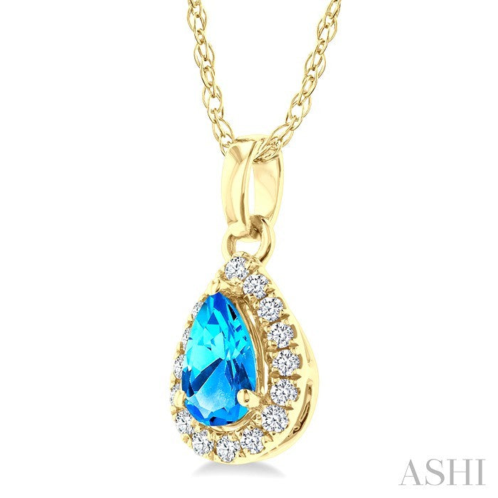 5x3 MM Pear Shape Blue Topaz and 1/20 Ctw Round Cut Diamond Halo Semi-Precious Pendant with Chain in 10K Yellow Gold