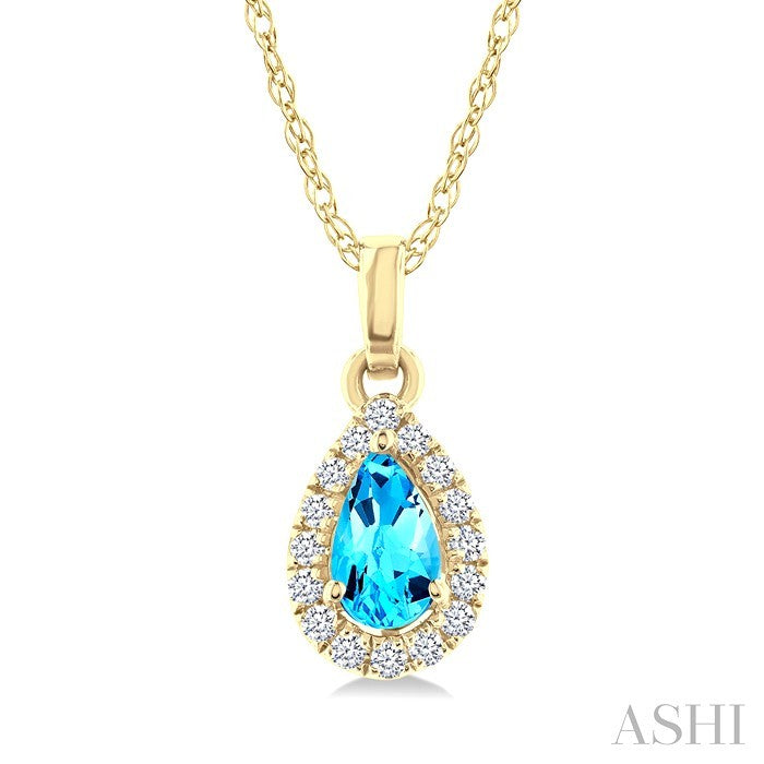 5x3 MM Pear Shape Blue Topaz and 1/20 Ctw Round Cut Diamond Halo Semi-Precious Pendant with Chain in 10K Yellow Gold