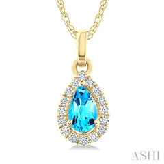 5x3 MM Pear Shape Blue Topaz and 1/20 Ctw Round Cut Diamond Halo Semi-Precious Pendant with Chain in 10K Yellow Gold