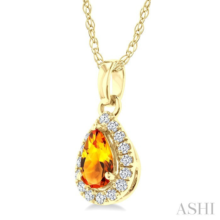5x3 MM Pear Shape Citrine and 1/20 Ctw Round Cut Diamond Halo Semi-Precious Pendant with Chain in 10K Yellow Gold